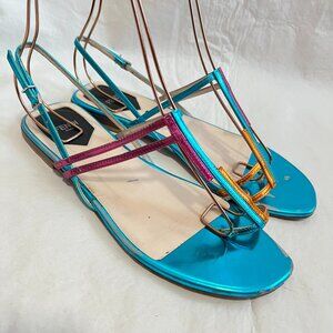 Fendi sandals metallic blue pink orange leather ankle strap toe loop 38 8 womens